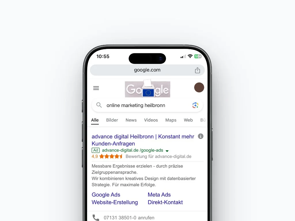 Google Ads Anzeige von advance digital auf dem Smartphone