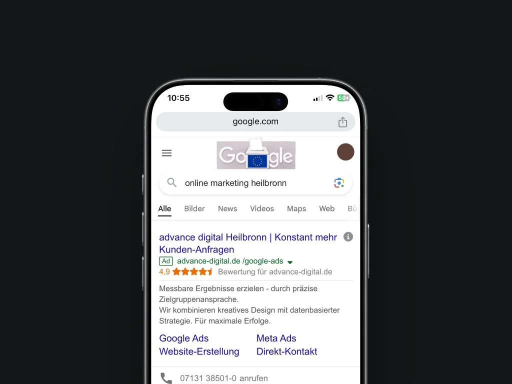 Google Ads Anzeige von advance digital auf dem Smartphone