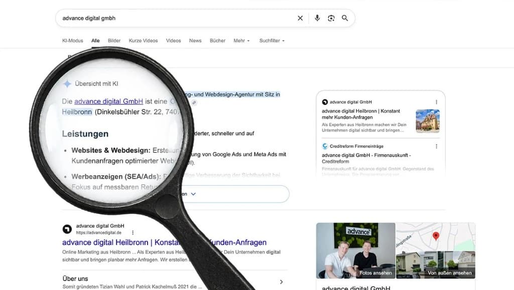 advance digital in der Google-Suche mit KI-Übersicht