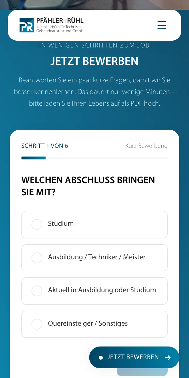 Erster Schritt der Kurzbewerbung auf der Website von Pfähler+Rühl, auf dem Handy dargestellt