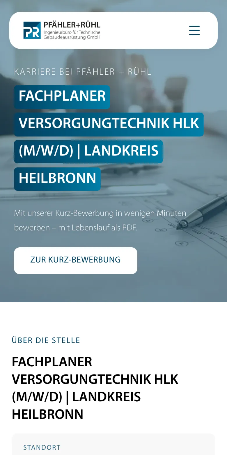 Stellenanzeige für einen Fachplaner Versorgungstechnik auf der Website von Pfähler+Rühl, auf dem Handy dargestellt