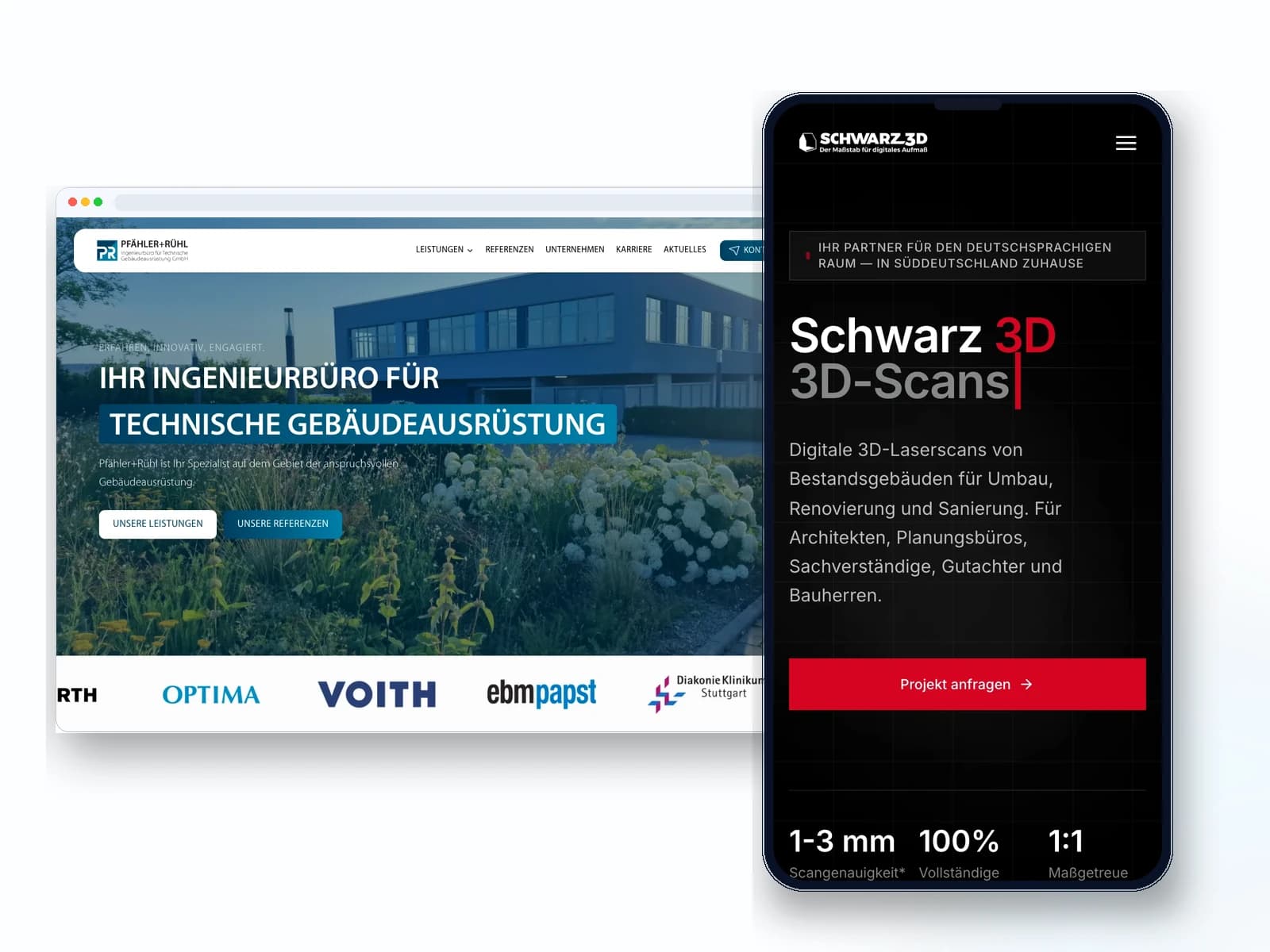 Desktop-Ansicht Pfähler+Rühl und Handy-Ansicht Schwarz 3D