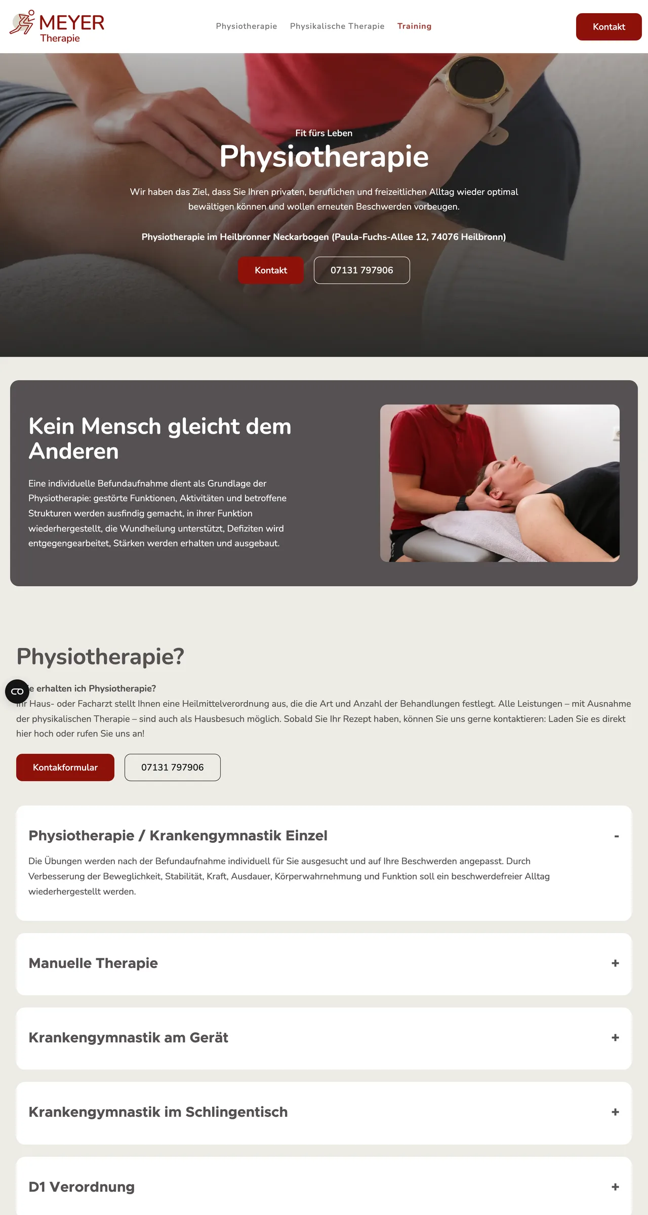 Bereich Physiotherapie auf der Website von MEYER Therapie in Heilbronn, umgesetzt von advance digital