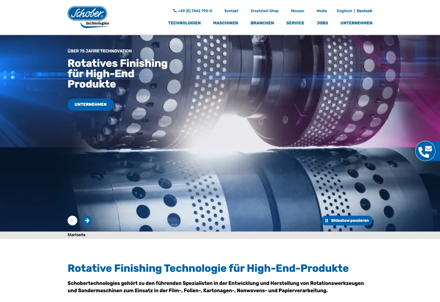 Website von Schobertechnologies, Hersteller von Rotationswerkzeugen und Sondermaschinen